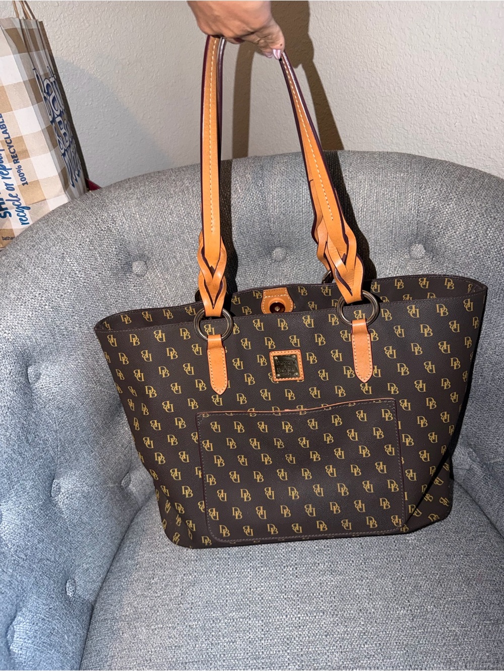 Dooney & Bourke Brown Monogram Tote with Tan Braided Handles - Picture 6 of 9